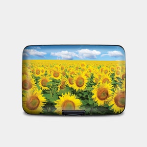 Cartera blindada con diseño de campo de girasoles, tarjetero rígido con protección RFID, billetera de aluminio de 6 bolsillos, regalo de cielo azul con campo de flores para ella.