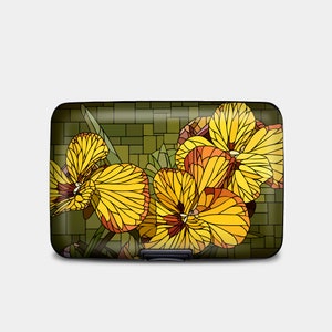 Art Glass Pansy Armored Wallet, RFID Protection Hard Case Card Holder, 6 Pocket Aluminum Wallet, Yellow Flower Art Hard Wallet for Women