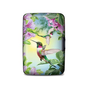 Cartera blindada morada Hummingbird, tarjetero de aluminio con protección RFID, tarjetero de tela con 6 ranuras y separador tipo acordeón, cartera protectora de viaje