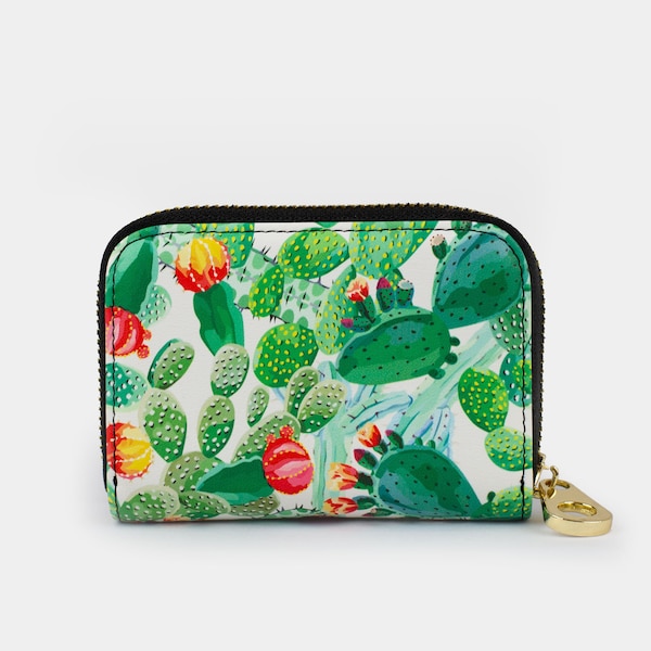 Cactus Zipper Wallet, RFID Protection Zip Card Holder, 11 Pocket Vegan Leather Wallet, Blooming Succulent Cactus Zip Wallet Gift for Her