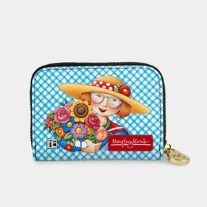 Cartera con cremallera Breit Days de Mary Engelbreit, tarjetero con cremallera y protección RFID, cartera de piel vegana con 11 bolsillos, diseño de niña con sombrero de paja y ramo