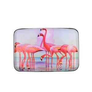 Cartera blindada de flamencos, tarjetero de aluminio con protección RFID, billetera con flamencos rosados en la playa para mujer, billetera de viaje antirrobo.