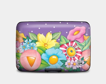 Mary Engelbreit Floral Garden Armored Wallet, RFID Protection Hard Case Card Holder 6 Pocket Aluminum Wallet, Colorful Pastel Flowers Wallet