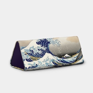 Hokusai Great Wave Foldable Eyeglass Case, Easy Fold Sunglasses Holder Modern Folding Vegan Leather Magnetic Clasp Ocean Wave Glasses Holder