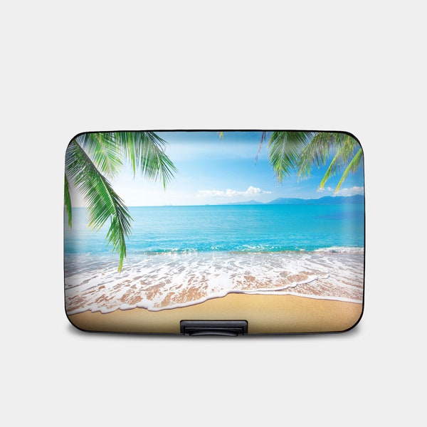 Sandy Beach Armored RFID Wallet, RFID Protection Hard Case Card Holder, 6 Pocket Aluminum Wallet, Tropical Sunny Beach Oasis Wallet for Her