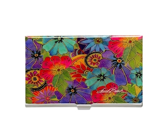 Laurel Burch Blossoming Florals Stainless Steel Card Case, RFID Blocking Metal Card Holder