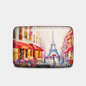 Armored RFID Paris France Wallet, RFID Protection Hard Case Card Holder, 6 Pocket Aluminum Wallet, Eiffel Tower Art Wallet Gifts for Women