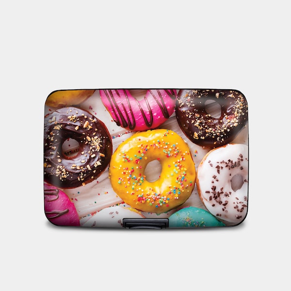 Colorful Donuts Armored RFID Wallet, RFID Protection Hard Case Card Holder, 6 Pocket Aluminum Wallet, Sprinkled Donut Art, Travel Wallet