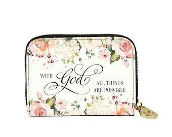 With God All Things Are Possible Zipper Wallet, RFID Protection Vegan Leather Card Holder