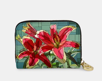 Art Glass Stargazer Zipper Wallet, RFID Protection Zip Card Holder, 11 Pocket Vegan Leather Wallet, Stained Glass Pink and Teal Lily Flower