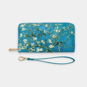 Cartera de muñeca con diseño de flores de almendro de Van Gogh, tarjetero para teléfono, cartera plegable con estampado floral verde azulado, cartera larga de gran capacidad para mujer.