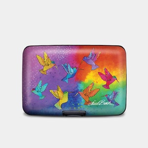 Cartera blindada Laurel Burch con diseño de colibríes, tarjetero rígido con protección RFID, billetera de aluminio de 6 bolsillos, collage de aves de acuarela de colores