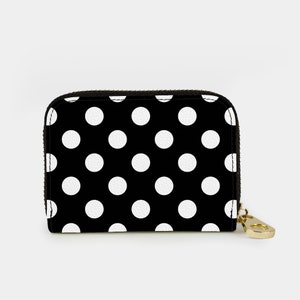 Cartera con cremallera de lunares blancos y negros, tarjetero con cremallera y protección RFID, cartera de piel vegana con 11 bolsillos, tarjetero con cremallera, regalo para ella