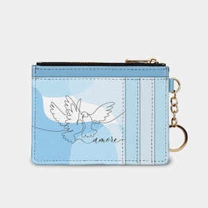 Cartera con llavero con diseño de líneas Amore Doves, llavero con protección RFID, tarjetero, cartera de mano, monedero, cartera de cuero vegano con diseño de líneas Love