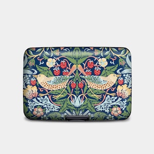 William Morris Strawberry Thief Armored Wallet, RFID Protection Hard Case Card Holder, 6 Pocket Aluminum Wallet, Bird Art Wallet for Women