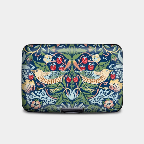 William Morris Strawberry Thief Armored Wallet, RFID Protection Hard Case Card Holder, 6 Pocket Aluminum Wallet, Bird Art Wallet for Women