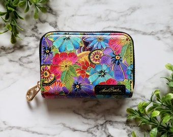 Laurel Burch Blossoming Florals Zipper Wallet, RFID Protection Zip Card Holder, 11 Pocket Leather Wallet, Leather Zipper Card Holder Gift