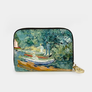 Cartera con cremallera RFID Van Gogh Bank of Oise, tarjetero con cremallera y protección RFID, 11 bolsillos de piel vegana, cartera pequeña de bellas artes para mujer