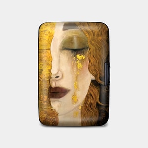 Cartera RFID blindada Golden Tears, tarjetero rígido con protección RFID, cartera de aluminio de 6 bolsillos, cartera con motivos artísticos de Klimt, regalo para ella
