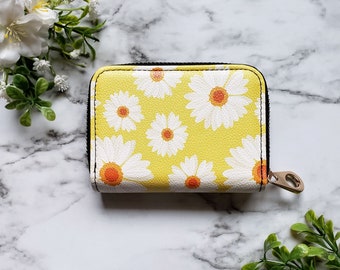 Daisy Zipper Wallet: Yellow Vegan Leather Card Holder with RFID