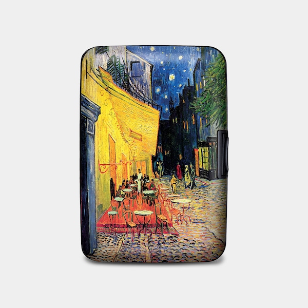 Armored RFID Van Gogh Cafe Wallet, RFID Protection Hard Case Card Holder, 6 Pocket Aluminum Wallet, Classic Art Lover Cafe Terrace Wallet