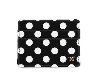 Polka Dot Black/White Slim Wallet, RFID Wallet, Thin Vegan Leather Wallet, Compact Card Holder
