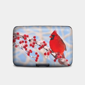 Cartera blindada RFID con diseño de Cardenal Rojo sobre una Rama Nevada, Tarjetero rígido con protección RFID, Cartera de aluminio de 6 bolsillos, Cartera con diseño de Pájaro Salvaje en la Nieve