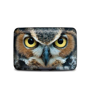 Cartera blindada de búho cornudo, tarjetero de aluminio con protección RFID, cartera antirrobo con cara de búho, divisor de acordeón de 6 ranuras, resistente portadocumentos