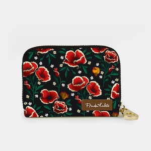 Frida Kahlo Poppies RFID Zipper Wallet, RFID Protection Zip Card Holder, 11 Pocket Vegan Leather, Red Poppy Flower Small Womens Wallet
