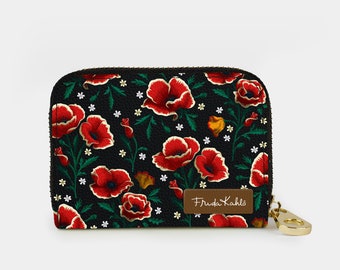 Frida Kahlo Poppies RFID Zipper Wallet, RFID Protection Zip Card Holder, 11 Pocket Vegan Leather, Red Poppy Flower Small Womens Wallet