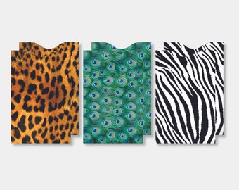 Animal Print RFID Protection Credit Card Sleeve Set, 6 Tear Resistant Card Sleeves, Leopard Print Peacock Feathers Zebra Stripes Safari