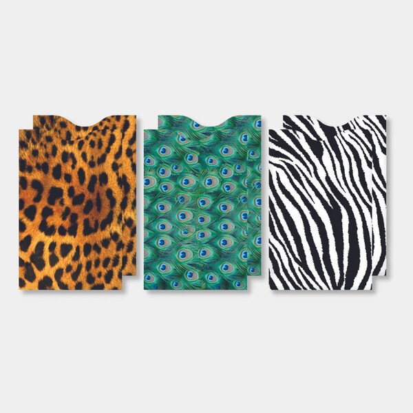 Animal Print RFID Protection Credit Card Sleeve Set, 6 Tear Resistant Card Sleeves, Leopard Print Peacock Feathers Zebra Stripes Safari