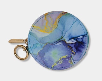 Blue Marble Round Zipper Case, Vegan Leather Travel Bag, Small Round Keychain Purse, Jewelry Cord Earbuds Travel Bag Organizer