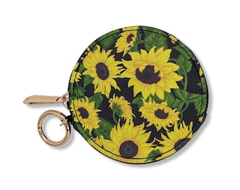 Sunflower Vegan Leather Round Zipper Case: Clip-On Accessory Bag