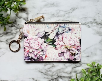 Porte-clés portefeuille pivoines roses : porte-cartes avec protection RFID