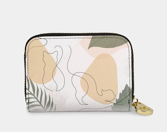 Cat Line Art Zipper Wallet: RFID Vegan Leather Card Holder
