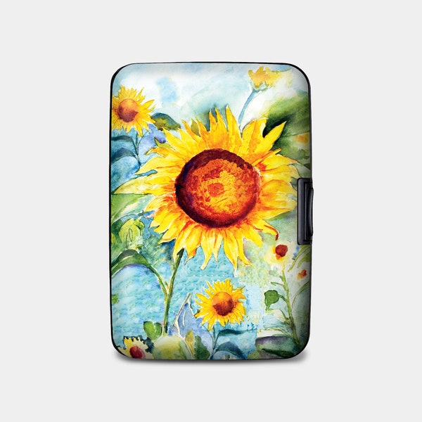 Sunflower Armored Wallet, RFID Protection Hard Case Card Holder, 6 Pocket Aluminum Wallet, Yellow Painted Sunflower Wallet Gifts for Her