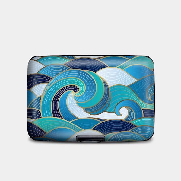Ocean Waves Armored Wallet, RFID Protection Hard Case Card Holder, 6 Pocket Aluminum Wallet, Enamel Art Wave Wallet for Men or Women