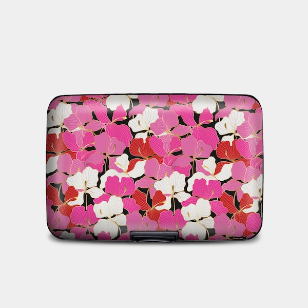 Pink Orchids Armored Wallet, RFID Protection Hard Case Card Holder, 6 Pocket Aluminum Wallet, Enamel Art Floral Wallet Gifts for Women