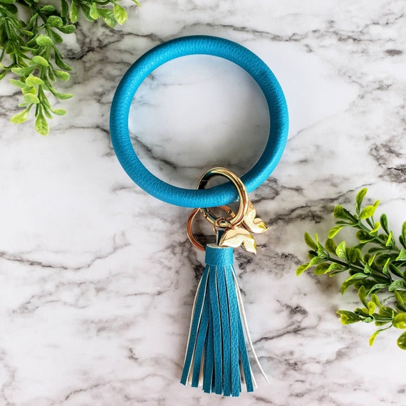 Turquoise Bangle Bracelet Keychain Vegan Leather Key Ring Blue