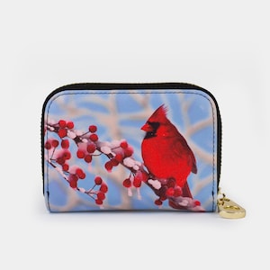 Cartera con cremallera Cardenal en la nieve, tarjetero con cremallera y protección RFID, cartera de piel vegana con 11 bolsillos, tarjetero con cremallera Cardenal en la nieve