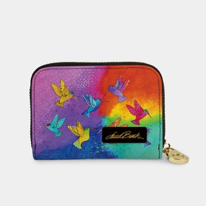 Cartera con cremallera Laurel Burch Colibríes, tarjetero con cremallera y protección RFID, 11 bolsillos de piel vegana, fondo de acuarela colorido