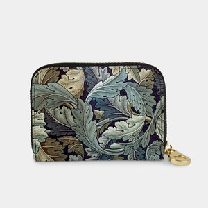 Cartera con cremallera Acanthus de William Morris, tarjetero con cremallera y protección RFID, cartera de piel vegana con 11 bolsillos, cartera con diseño de hojas botánicas.