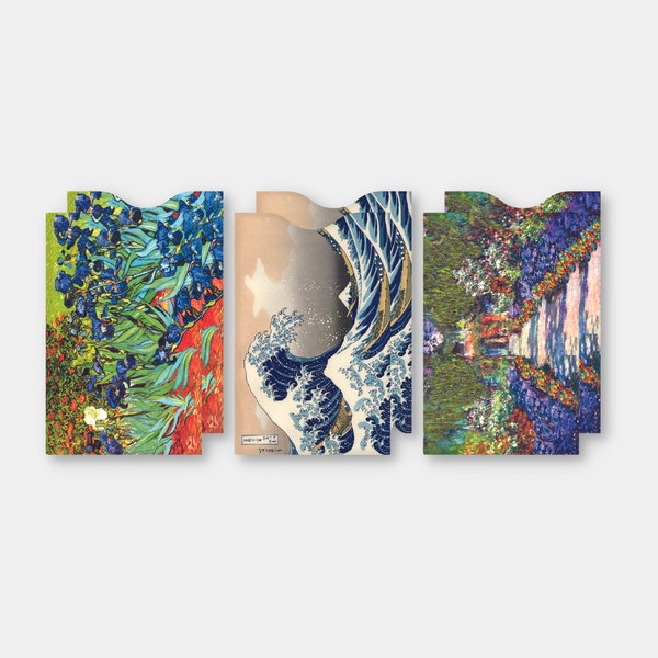 Fine Art RFID Protection Credit Card Sleeve Set, 6 Tear Resistant Card Sleeves, Van Gogh Irises, Hokusai The Great Wave, Monet Garden Art