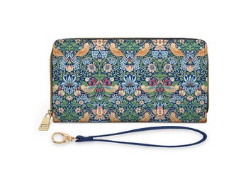William Morris Strawberry Thief Wristlet Wallet, Vegan Leather Clutch with Removable Strap