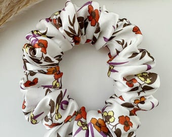 LIMITED EDITION - 100% mulberry silk scrunchie - white with purple, orange and yellow florals