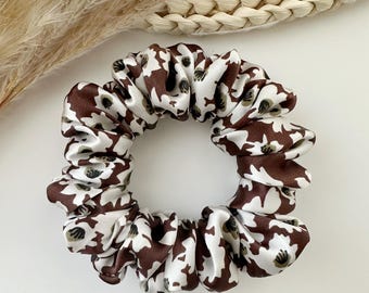LIMITED EDITION - 100% mulberry silk scrunchie - brown with white florals