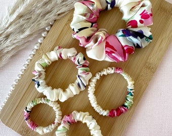100% mulberry silk scrunchie -  digital printed spring floral (light gold) | bridesmaid | birthday | teacher | hair accessories | hair tie