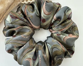 LIMITED EDITION - 100% mulberry silk scrunchie - elegant deep grey and green florals