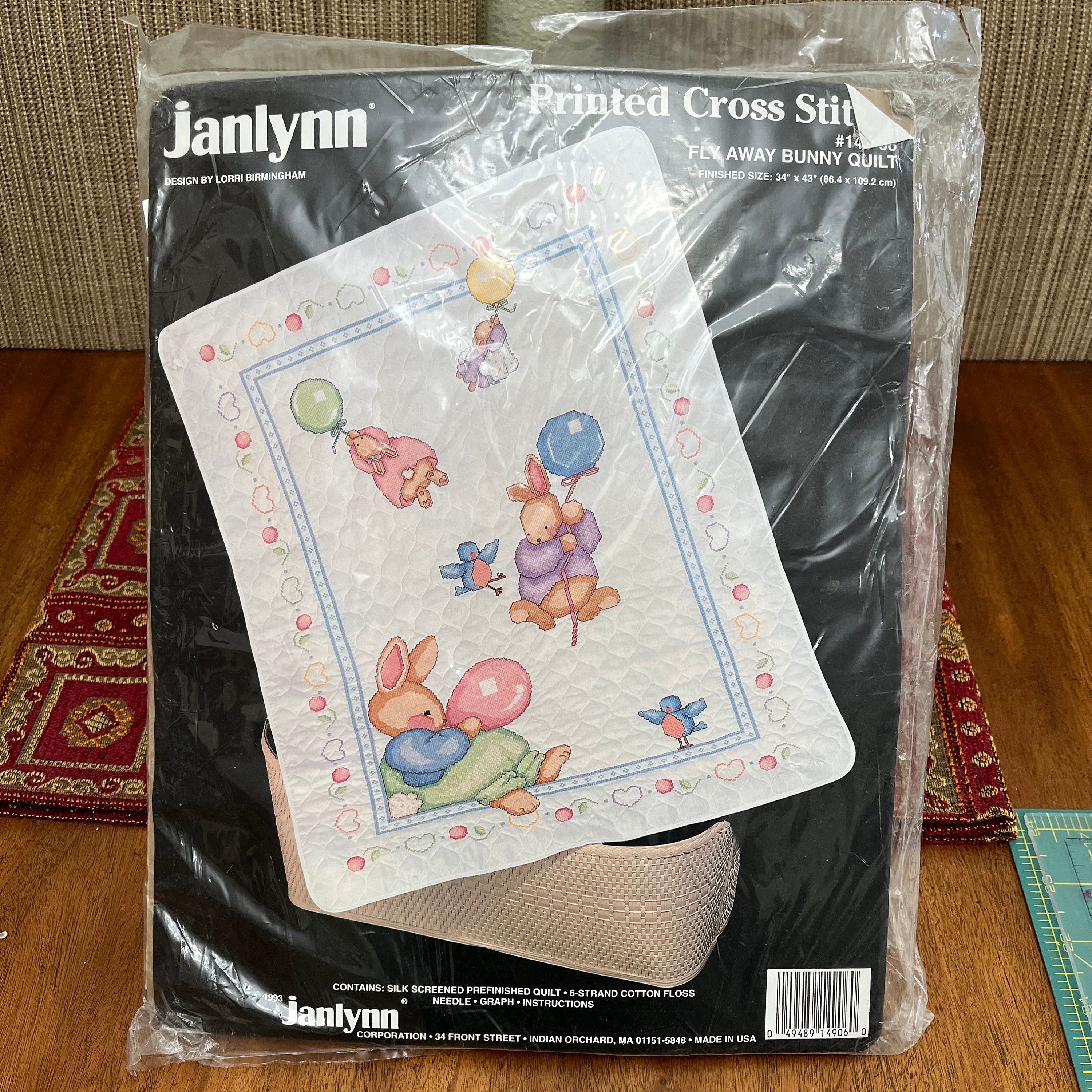 VINTAGE Janlynn Fly Away Bunny Crib Cover Baby Quilt Stamped Cross